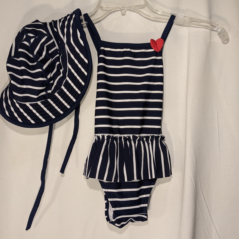 Hanna Andersson navy and white bathing suit with matching hat size 80